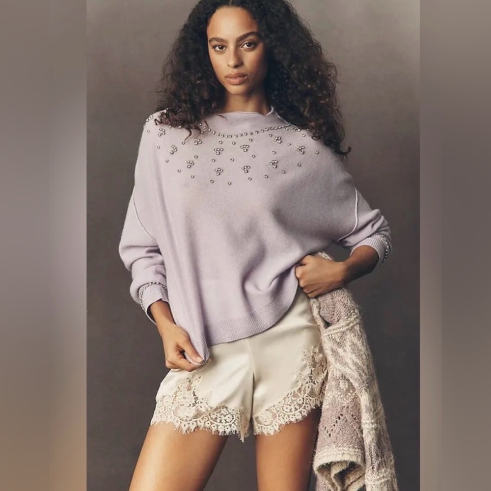 New small Anthropologie pilcro Alani cashmere sweater bejeweled embellish lilac